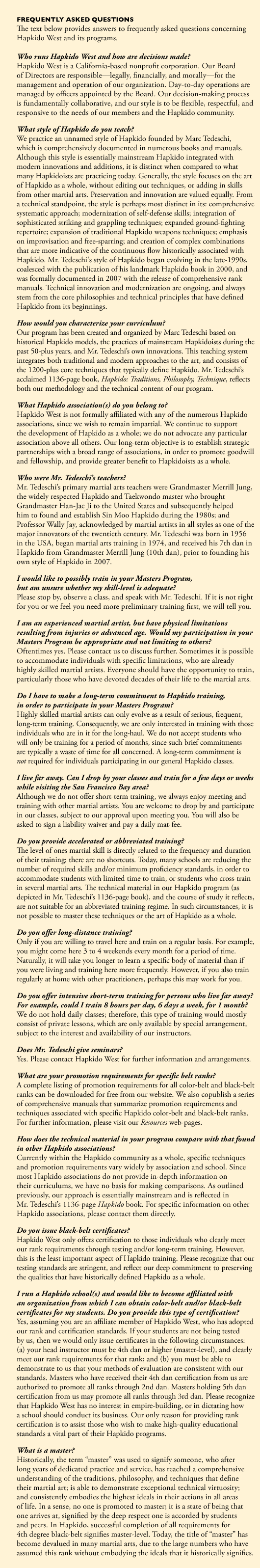 Answers to frequently asked questions concerning Hapkido West and Marc Tedeschi