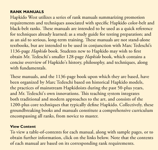 Hapkido rank manuals summarizing promotion requirements and techniques for color-belt and black-belt ranks