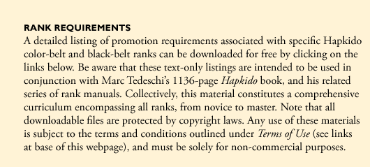 free download; detailed list of promotion requirements for Hapkido color-belt and black-belt ranks